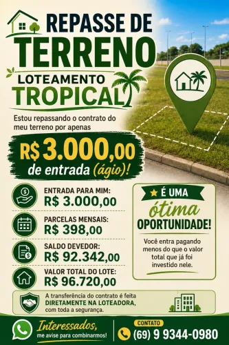 Vendo ágio de terreno no loteamento tropical