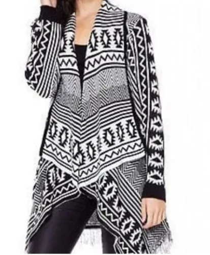 Cardigan Feminino Alongado Preto e Branco Tricô