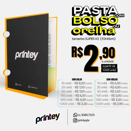 Pasta com orelha ou bolso personalizada com logomarca para documentos escritório