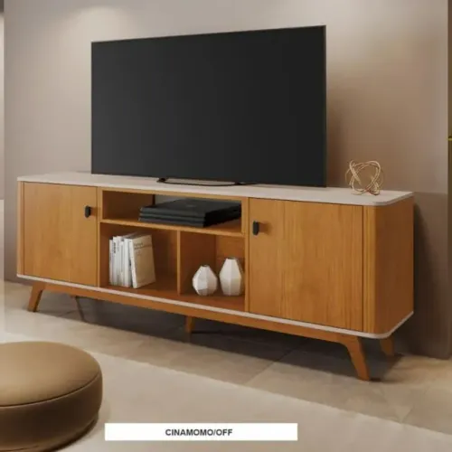 Rack Bancada Oslo Candian Larg.1.80m Cinamomo/Off White C/2 Portas Detalhe Arredondado -