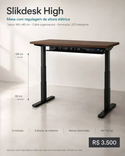 Mesa Slikdesk High Elétrica + Tampo 160x80 + LED Inteligente e Calha