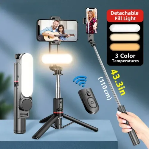 Mini Tripé Selfie Vara Dobrável Foto Sem Fio Bluetooth com Led
