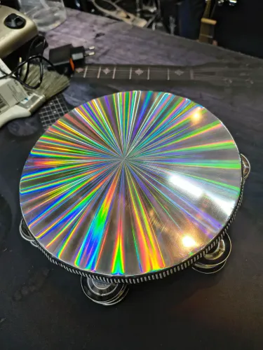 Pandeiro infantil ou adulto plarinelas duplas madeira pele holográfica 8 polegadas preto