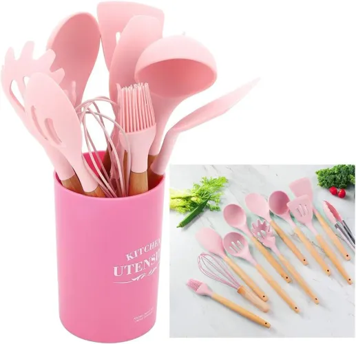 Jogo de Utensílios de Silicone Rosa - 12 Peças