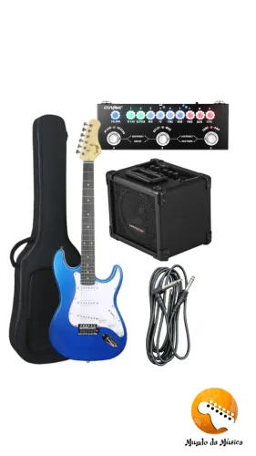 KIT MUSICO COMPLETO GUITARRRA Beg100 Stratocaster Azul C/ CAPA + CUBO + Cube Baby e Cabo