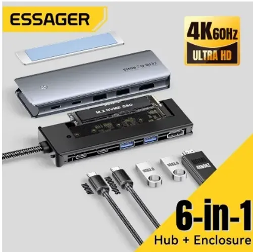 Hub USB C com Slot SSD M.2 NVMe HDMI 4K Carregamento 100W