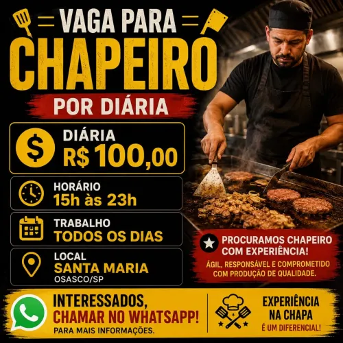 Vagas de chapeiro e cozinheira