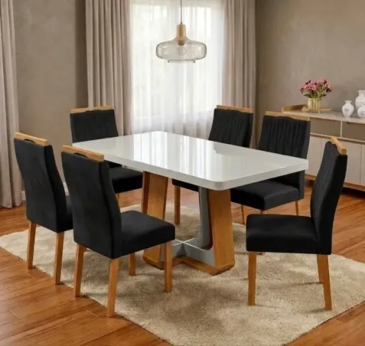 Conjunto Verona 6 Lugares com Vidro Off White