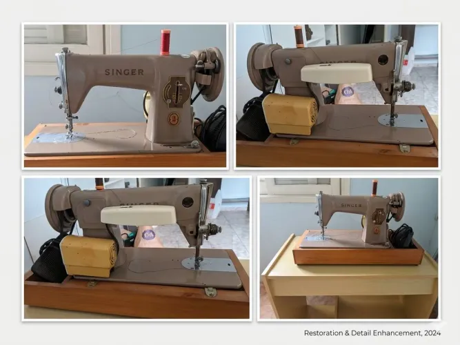 Máquina de Costura Antiga Singer 15C Bege Com Base de Madeira (Decoração