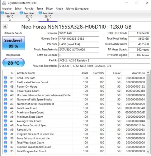 SSD M.2 NVMe 128GB Neo Forza (Seminovo) - Saúde de 99%