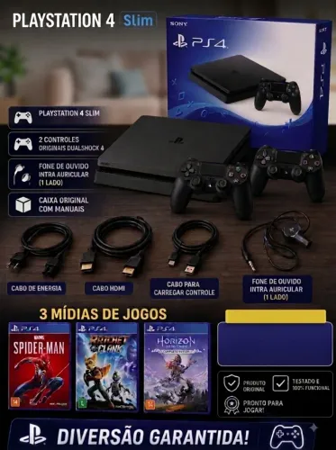 PS4 Slim + 2 Controles Dualshock + 3 Jogos