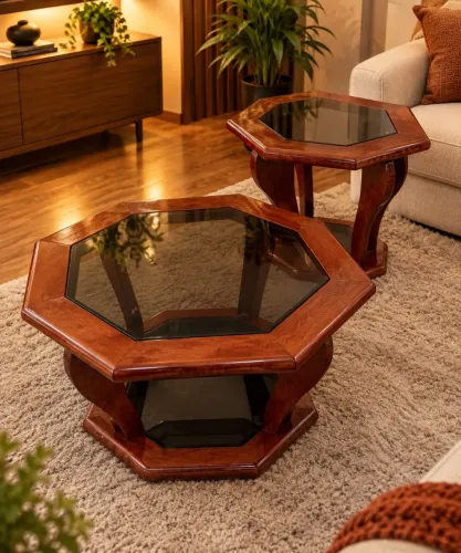 Conjunto Mesa de Centro + Mesa de Canto em Mogno Maciço com Detalhe no Vidro