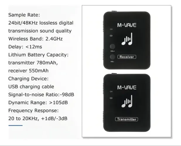 Sistema de Monitoramento In-Ear Sem Fio M-Vave WP-10 Preto 2.4GHz