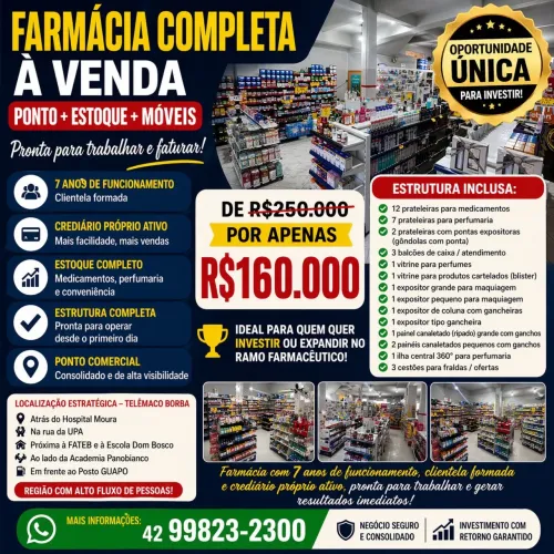 Farmácia completa à venda em Telêmaco Borba - Ponto + estoque + móveis 