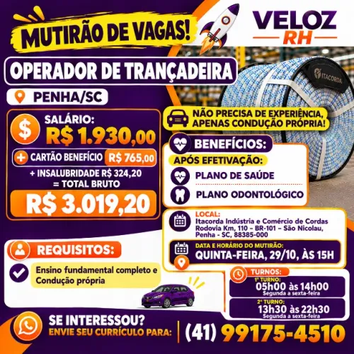 MUTIRÃO DE VAGAS EM PENHA/SC - OPERADOR DE TRANÇADEIRA I