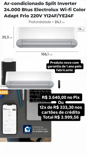 Ar-condicionado Split Inverter 24.000 Btus Electrolux Wi-fi Color Adapt Frio YI24F/YE24F