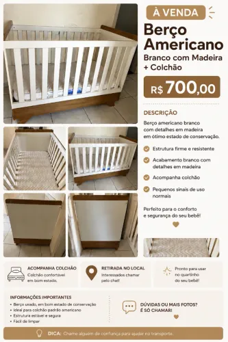 Berço Americano Branco com Detalhes em Madeira + Colchão