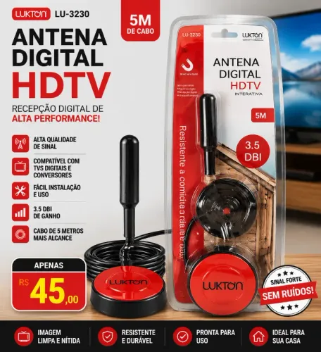 Antena Digital TV HD com Cabo de 5M - Alta Qualidade de Sinal