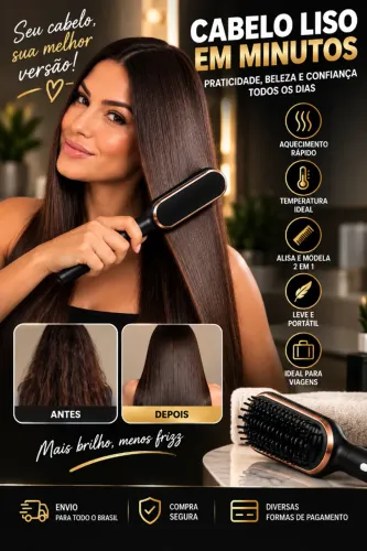 Escova Alisadora Elétrica 2 em 1 - Cabelo Liso e Sem Frizz