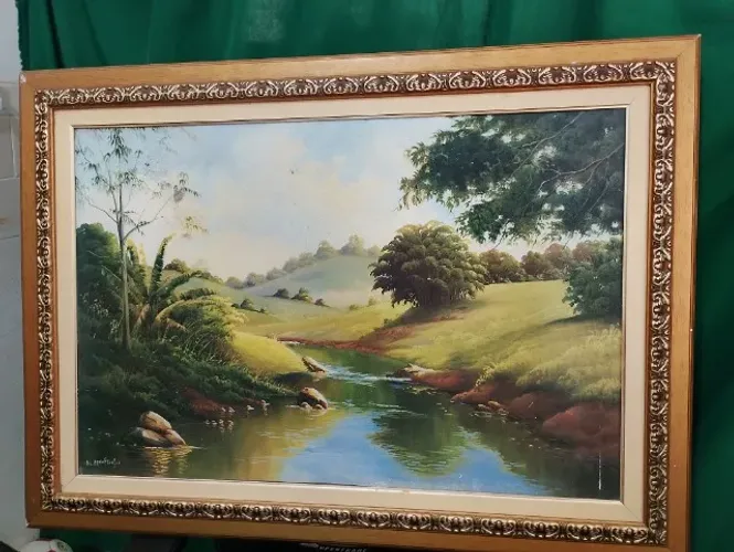Quadro Pintura Original em Tela Assinada Nil A. Mello com Moldura Dourada Clássica