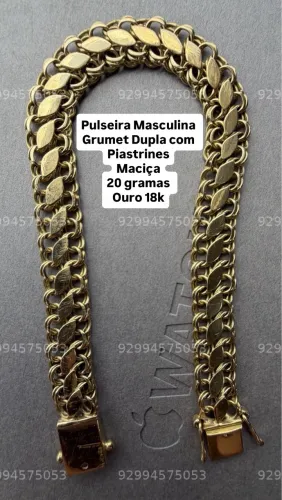 Pulseira Masculina Grumet Dupla com Piastrines ouro 18k maciço 20 gramas