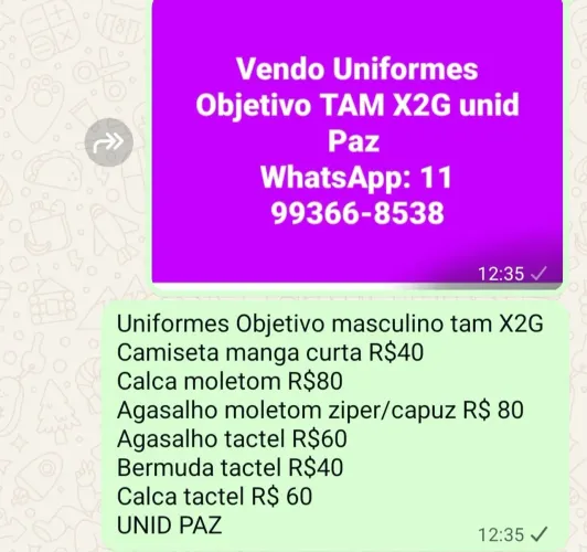 Uniformes Objetivo XGG consulta no chat