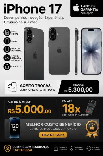 iPhone 17 256GB Preto, nota fiscal, lacrado, película e capa de brinde - (Aceito troca)