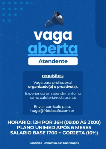 Vaga Atendente/Barista em Cafeteria
