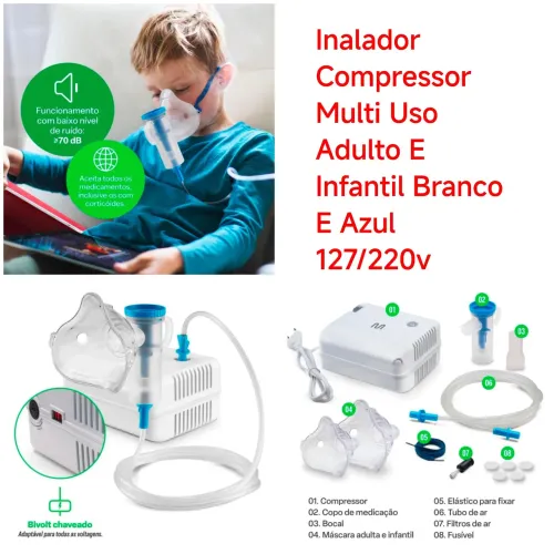 Inalador Compressor Multi Uso Adulto E Infantil Branco E Azul 127/220v