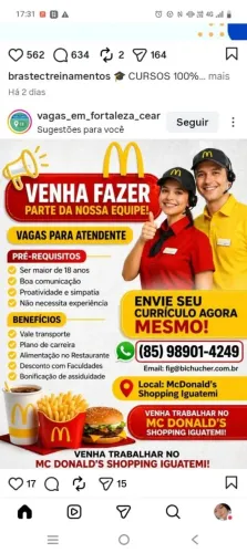 Vaga de atendente- MC Donalds Iguatemi
