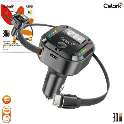 Carregador Veicular 2 em 1 Tipo-C PD 30W com Cabo Retrátil de 70cm - Celark