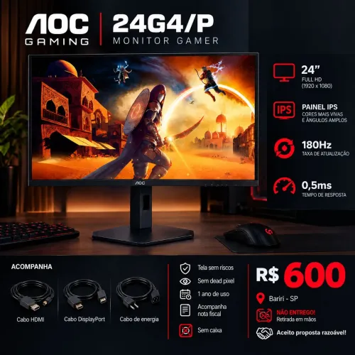 180Hz MONITOR AOC 24G4/P IPS - IMPECÁVEL - R$600
