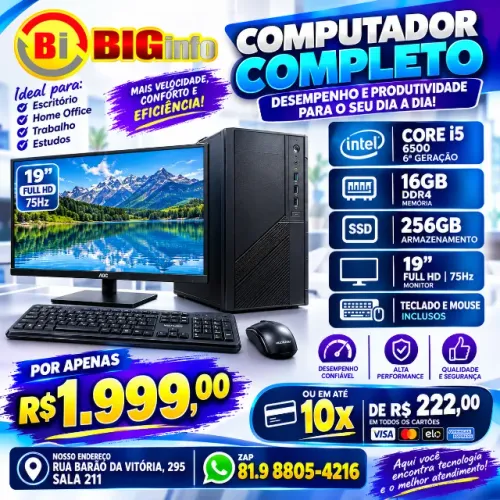 Computador i5 6500 6ª Geração 16GB DDR4 SSD 240 GB Monitor 19 Teclado Mouse  Em ate 10x