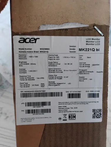 Monitor Acer 21.4" MK221Q 100Hz (Novo, Lacrado na Caixa!)