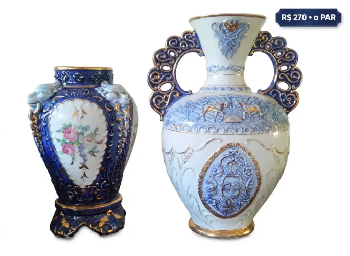 Par de Vasos Antigos Porcelana Azul Cobalto com Ouro - Vintage Anos 70
