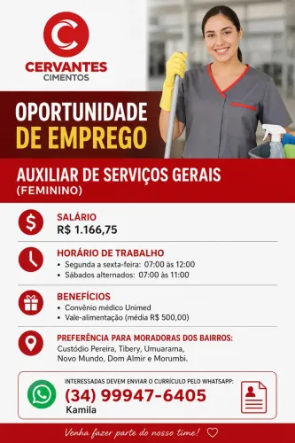 Vaga auxiliar de serviços gerais (feminina)