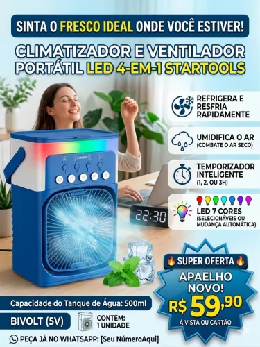 CLIMATIZADOR E VENTILADOR PORTÁTIL LED 4-EM-1