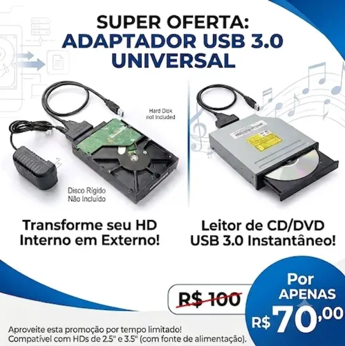 CABO ADAPTADOR 3.0 PARA HD EXTERNO DE PC DESKTOP E LEITOR DE CD