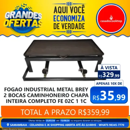 Fogao industrial metal brey 2 bocas caminhoneiro chapa inteira completo 