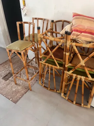 Mesa de bambu de vidro com 4 cadeiras