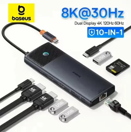 Hub Baseus 10 Em 1 Usb- Hdmi 8k 30hz / 4k 120hz Dual Display