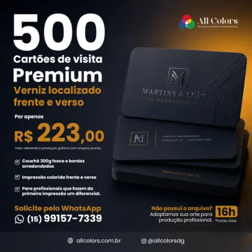 500 Cartões de Visita Premium | Couché 300g Fosco | Verniz Localizado Frente e Verso