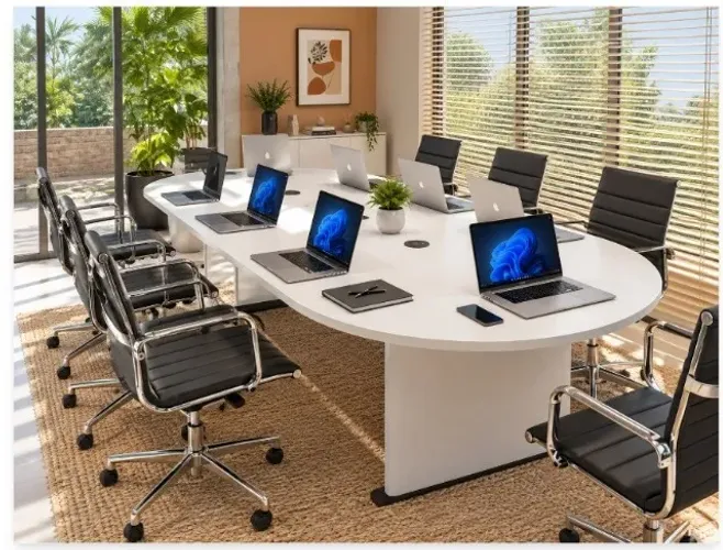 Mesa de Reunião Oval Base Em Madeira Maciça com MDF: L220cm x L90cm x A74cm.