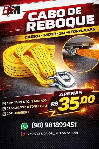 Cabo Para Reboque Guincho Carro Moto 3M 4 Toneladas 