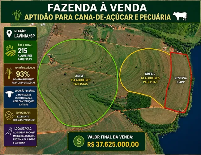 FAZENDA À VENDA APTIDÃO PARA CANA-DE-AÇÚCAR E PECUÁRIA