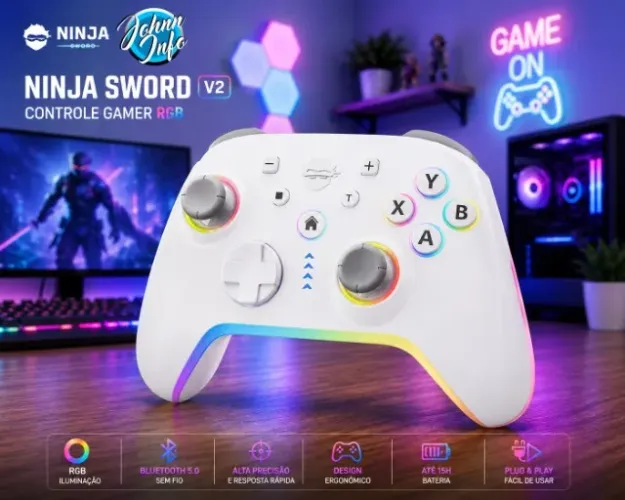 Controle Gamer Ninja Sword, Rgb, Bluetooth, Branco