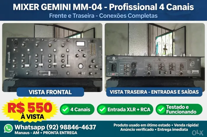 MIXER GEMINI MM-04 - Profissional 4 Canais - Frente e Traseira - R$ 550