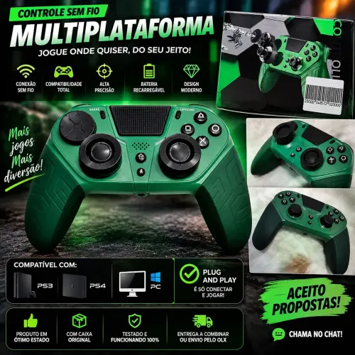 Controle Sem Fio Verde Multiplataforma PS3 PS4 PC + Caixa