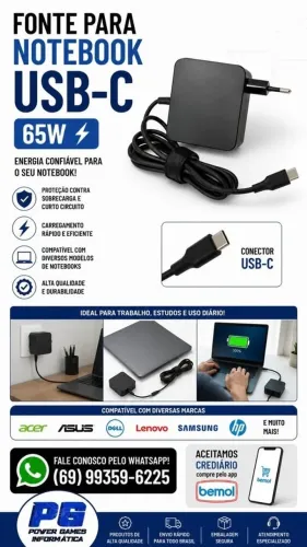 FONTE PARA NOTEBOOK USB-C TIPO C LENOVO ACER ASUS DELL SAMSUNG HP