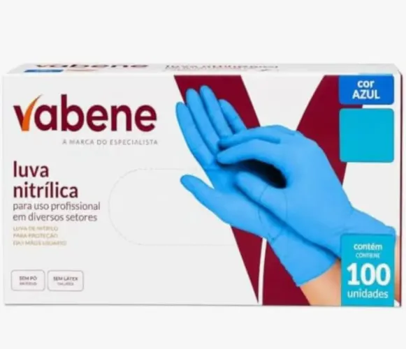 Luva Nitrílica sem pó. Azul. Tamanho M. 100 unidades